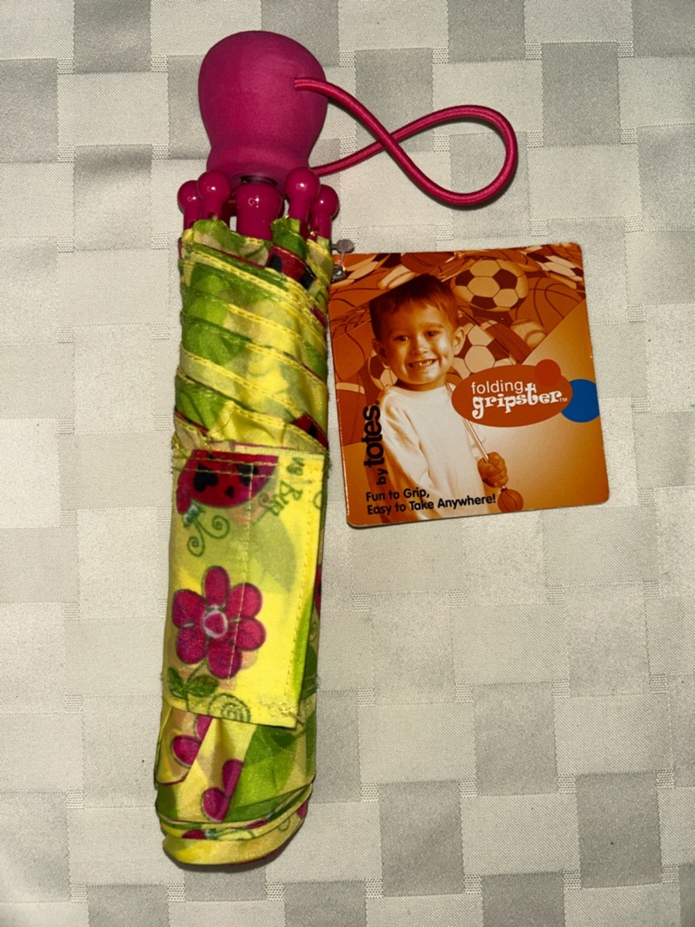 totes Kids Compact Umbrella - Pink Handle, Yellow & Green Floral Canopy